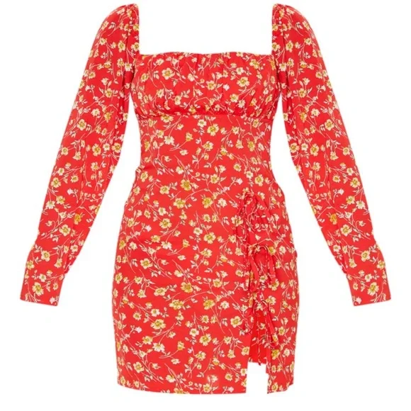 pretty little thing red floral dress Floral Red Dress